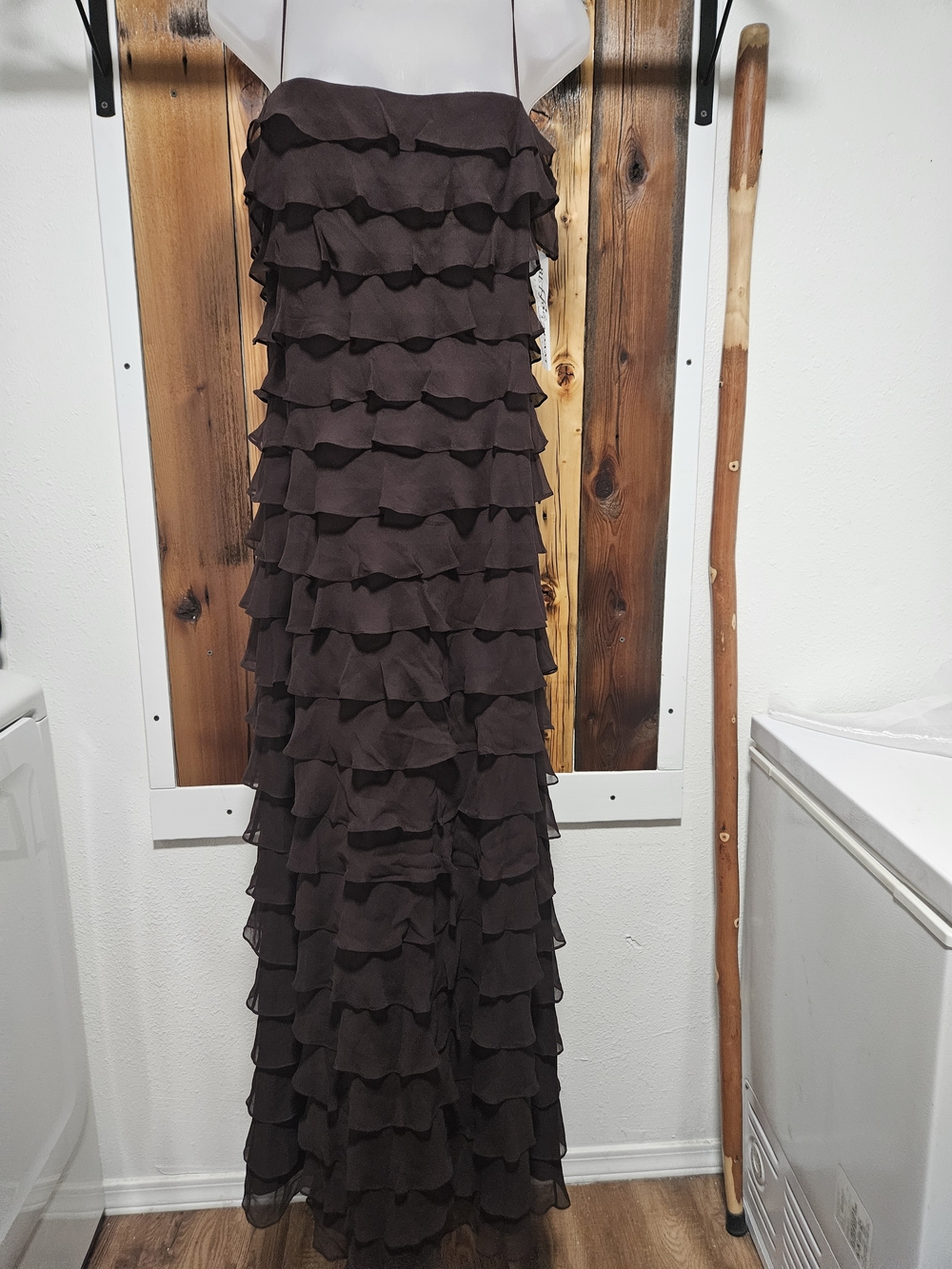 Betsy & Adam Chocolate Brown Strapless Tiered Ruffle Maxi Dress
